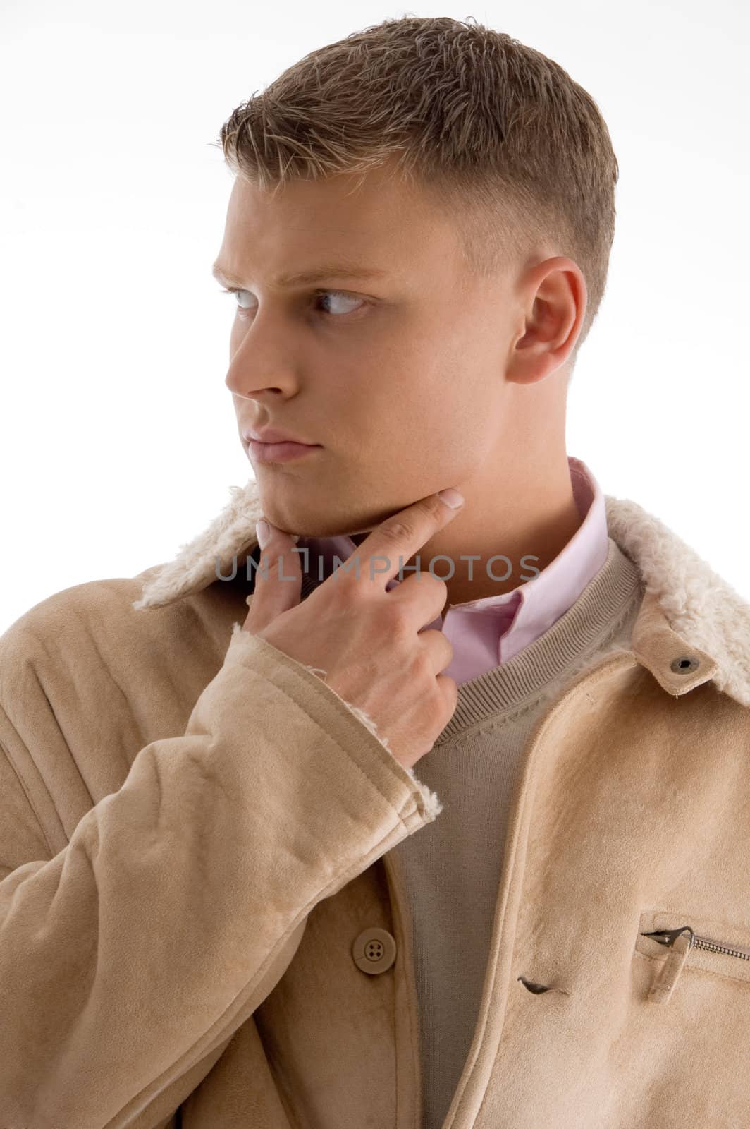 thinking male looking sideways on an isolated background