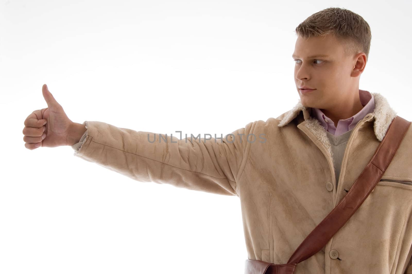 portrait of male with thumbs up on an isolated white background