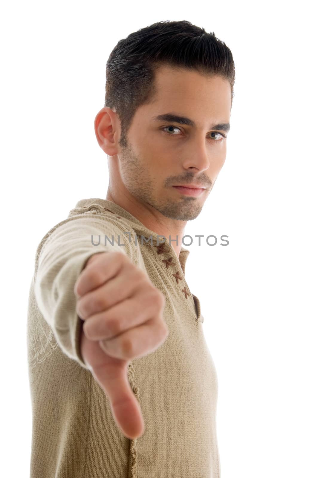 portrait of guy showing thumbs down with white background