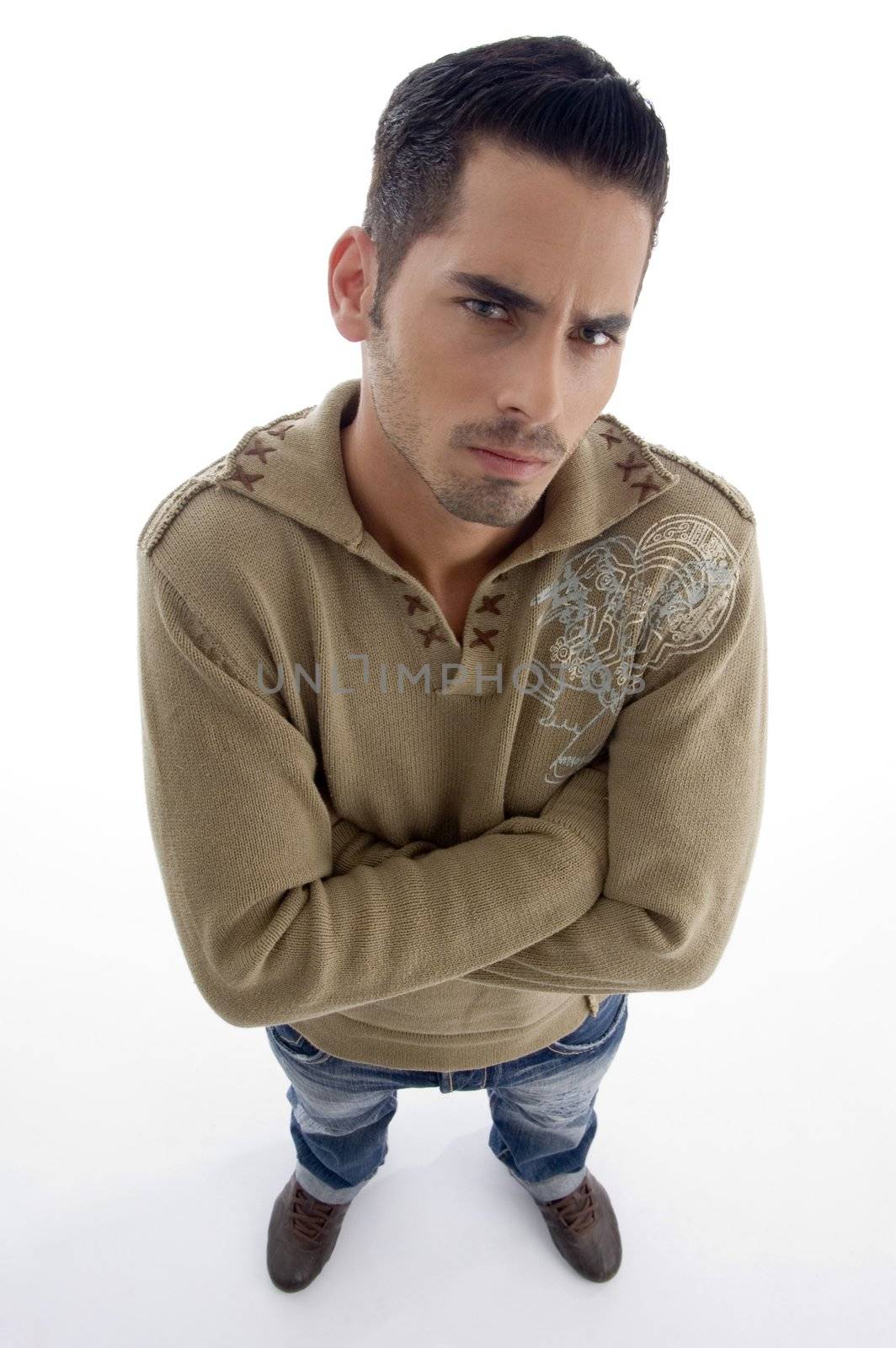 full pose of male model looking at camera against white background