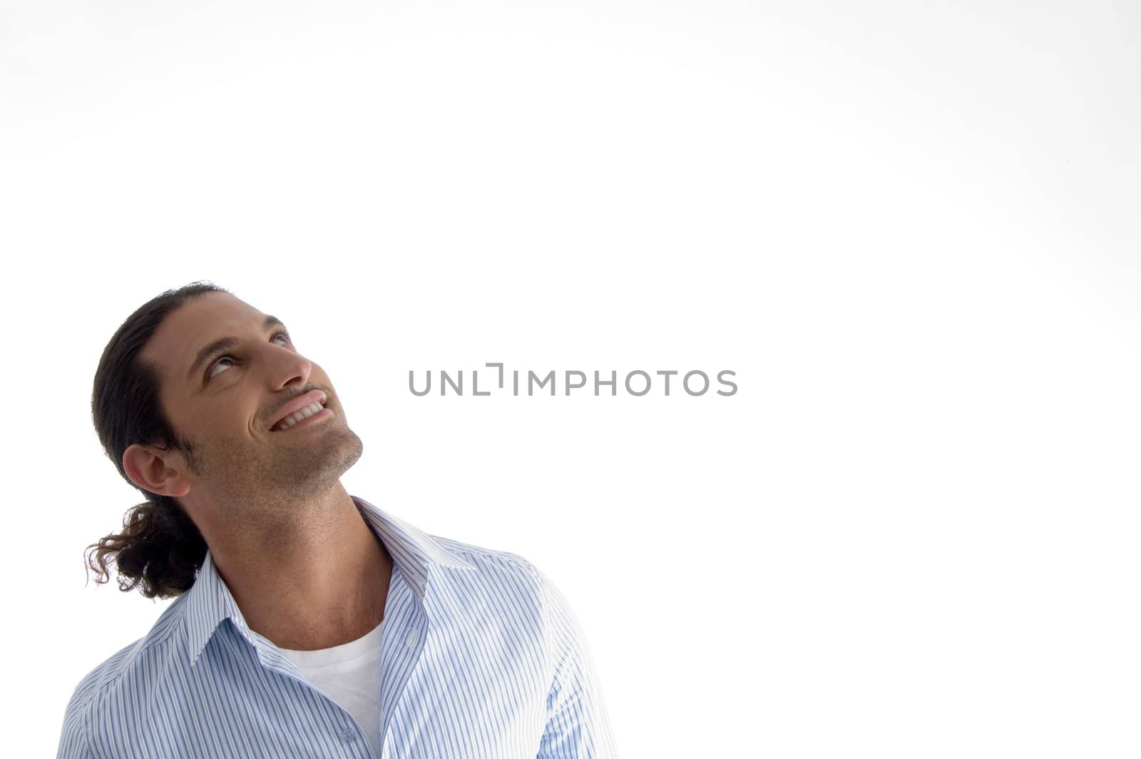 smiling guy looking upwards on an isolated white background