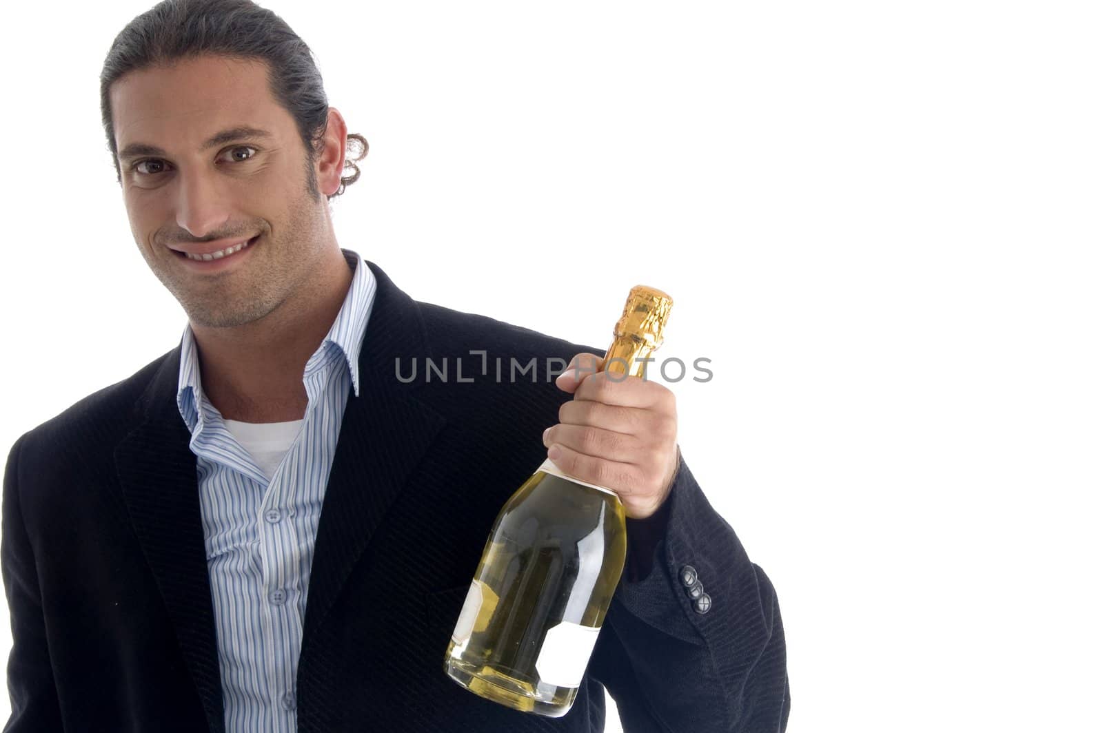 young american businessman holding wine bottle against white background