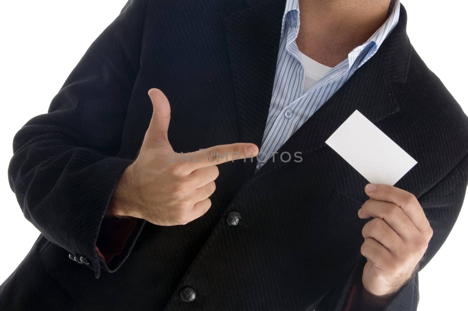 young american male pointing towards business card against white background