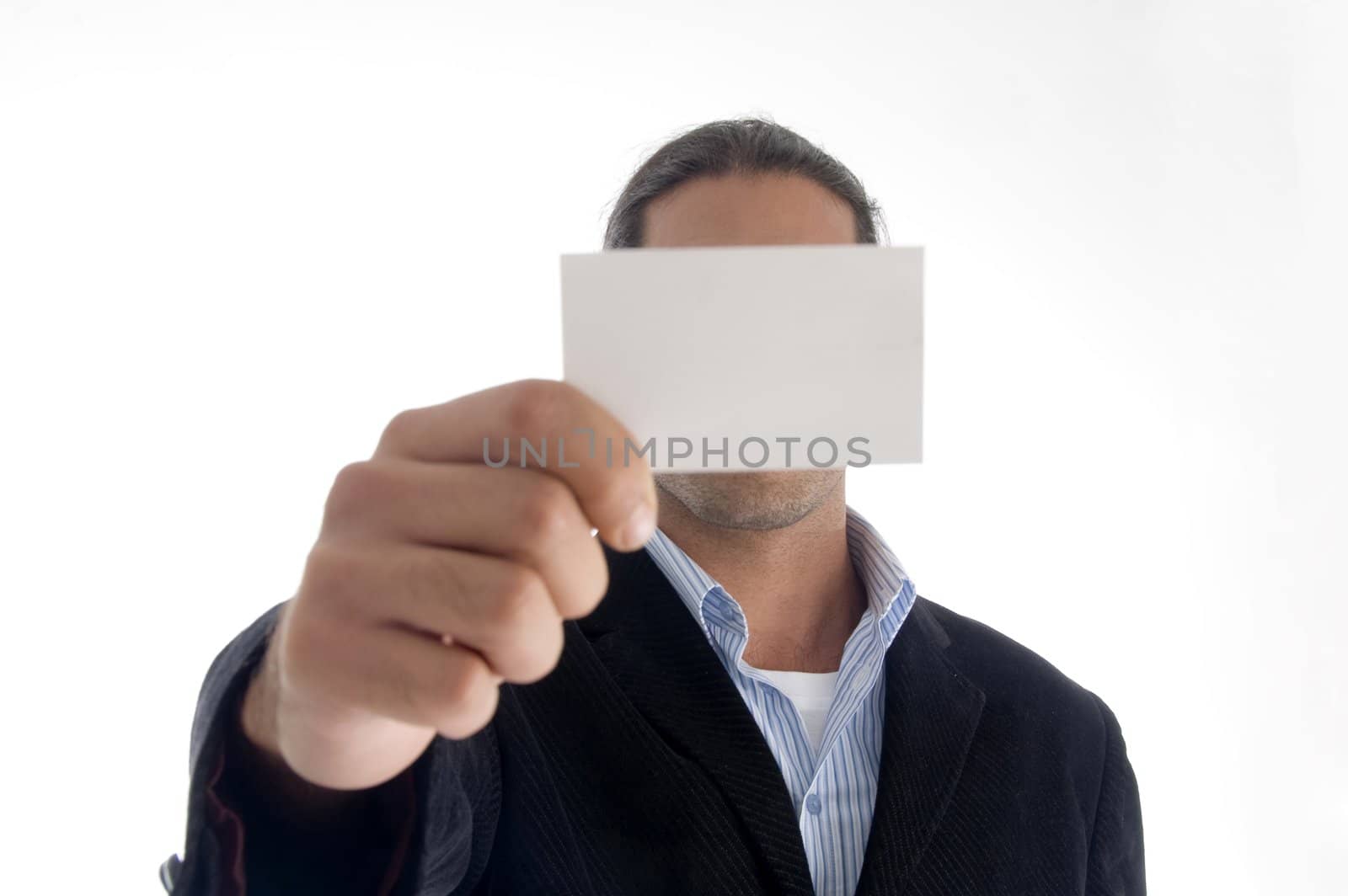 young caucasian posing with business card against white background