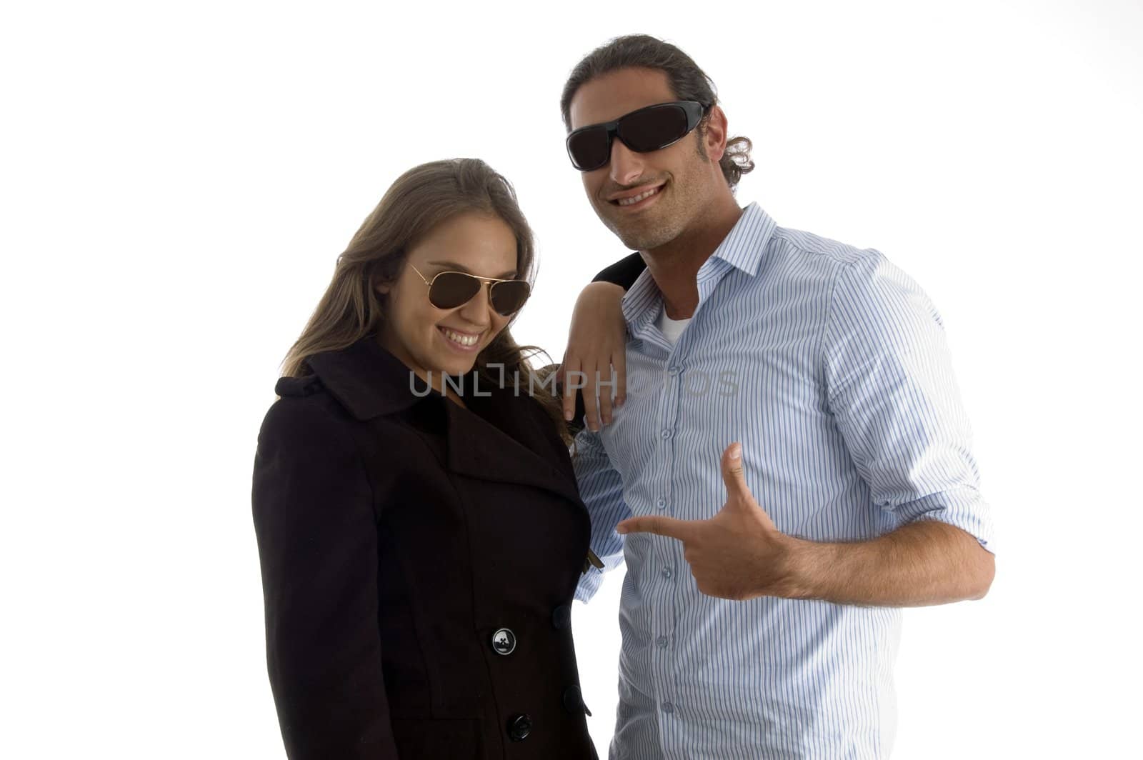 young handsome guy posing with his partner on an isolated white background