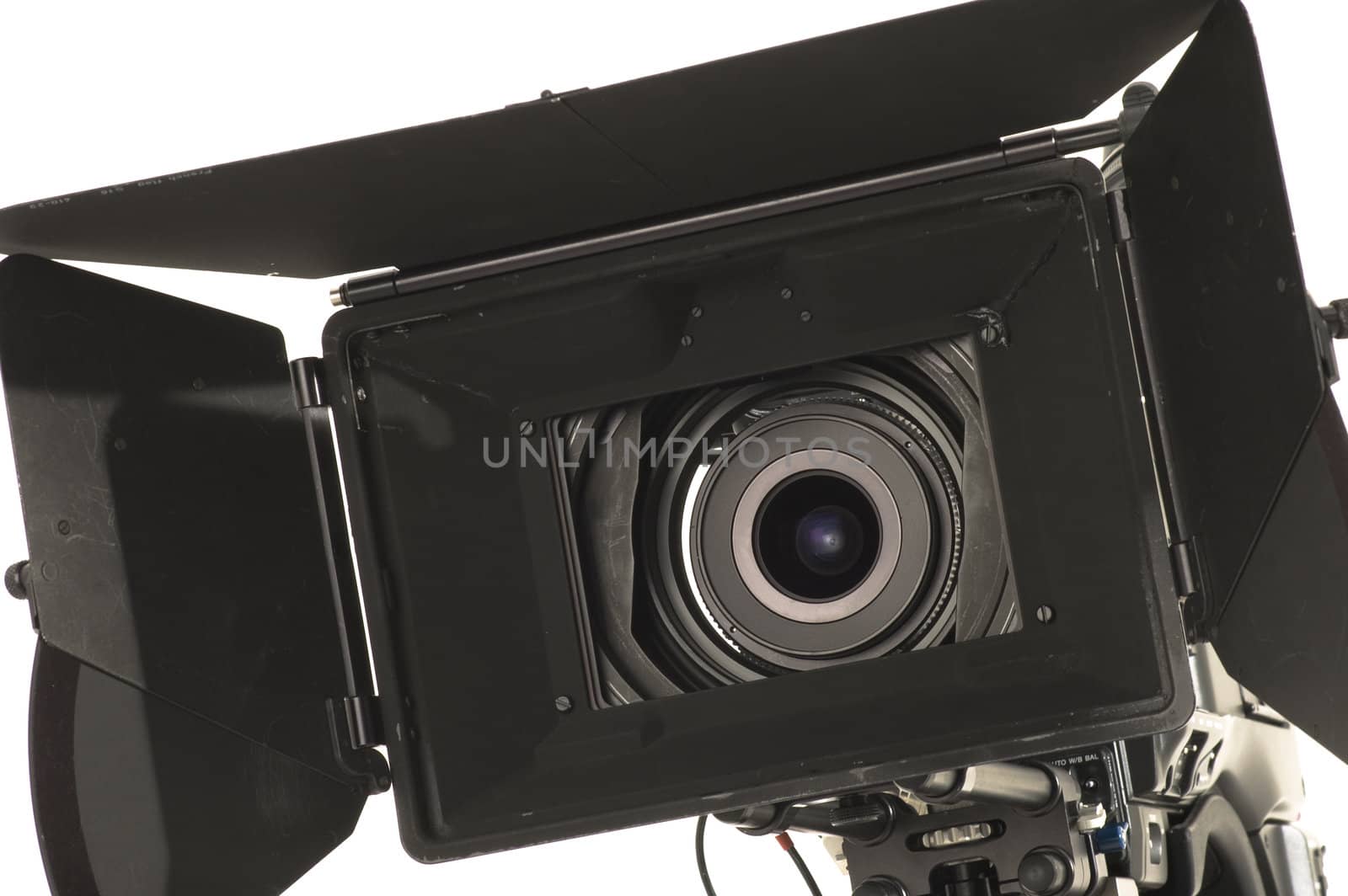 Professional digital video camera on a white background.