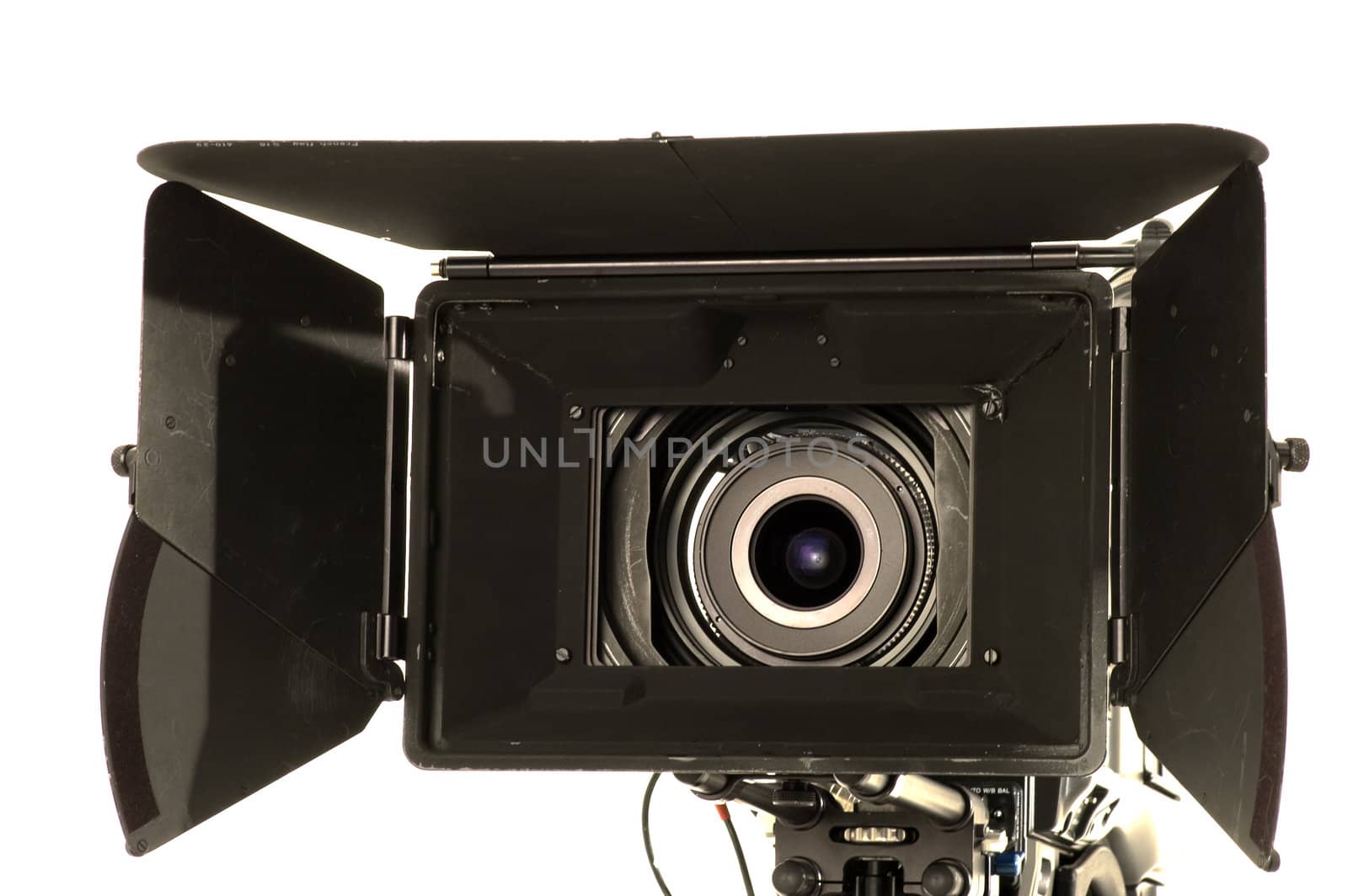 Professional digital video camera on a white background.