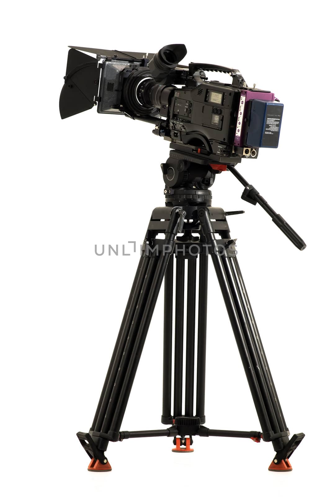 Professional digital video camera on a white background.