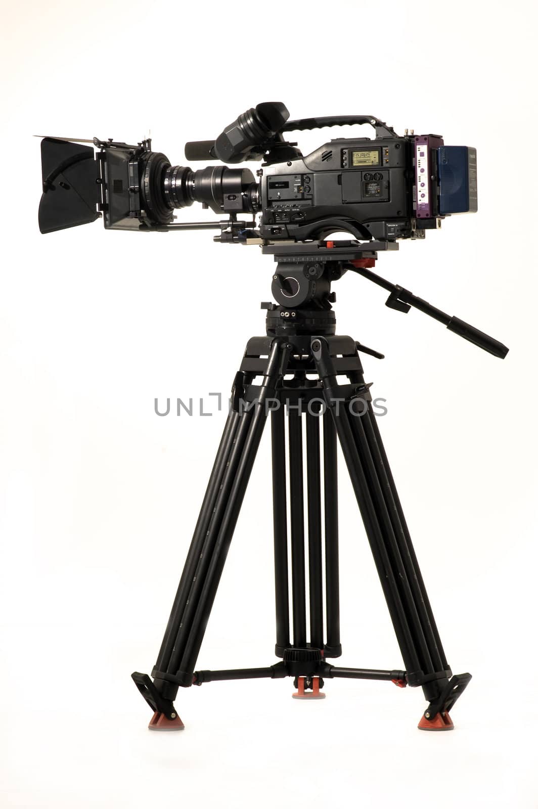 Professional digital video camera on a white background.