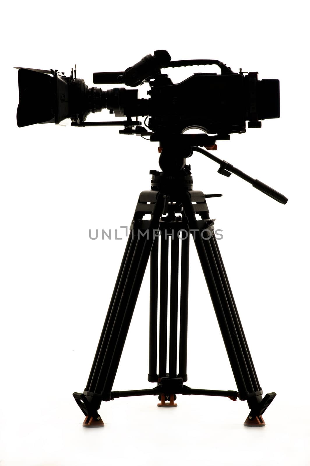 Professional digital video camera on a white background.