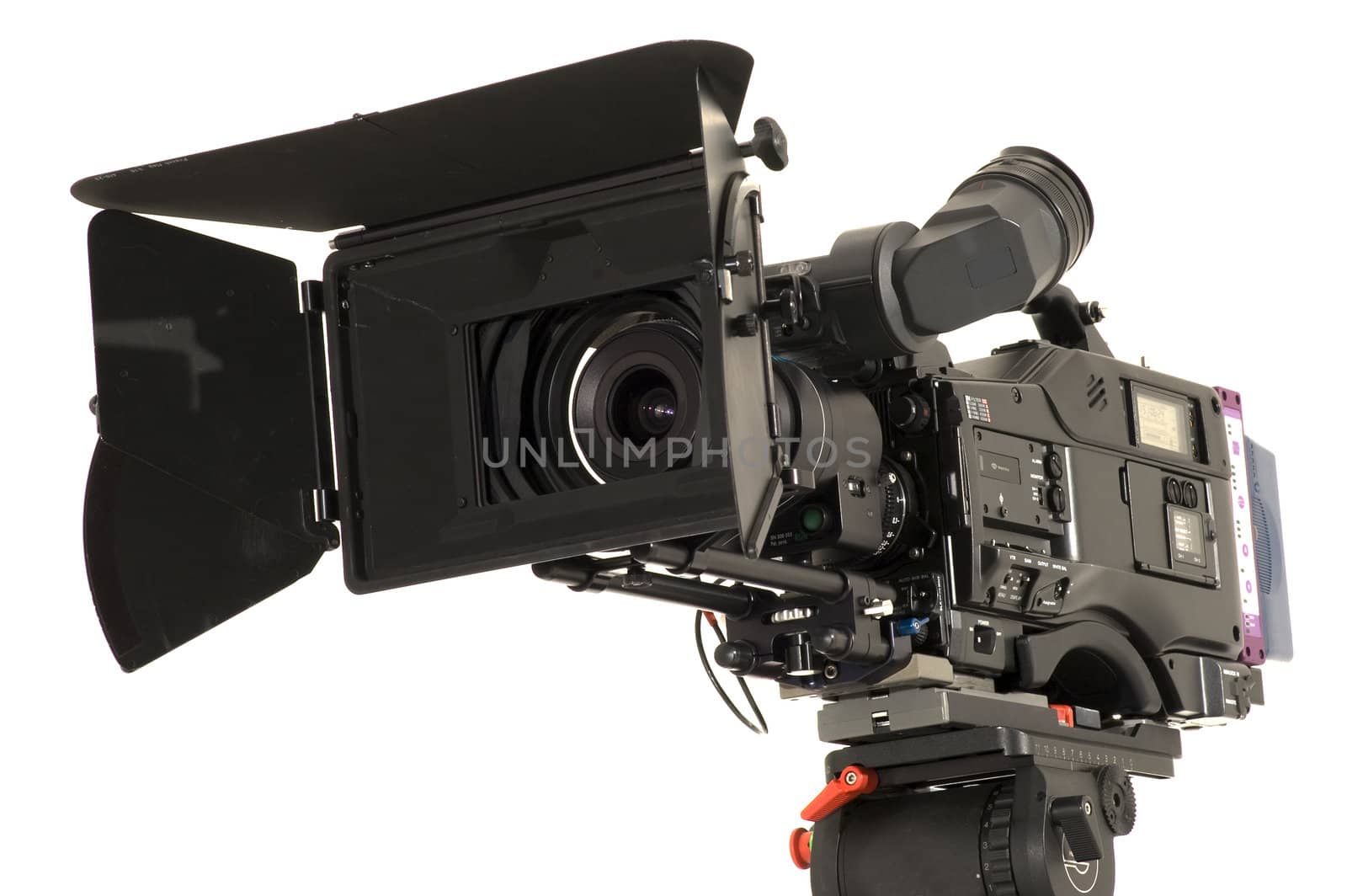 Professional digital video camera on a white background.