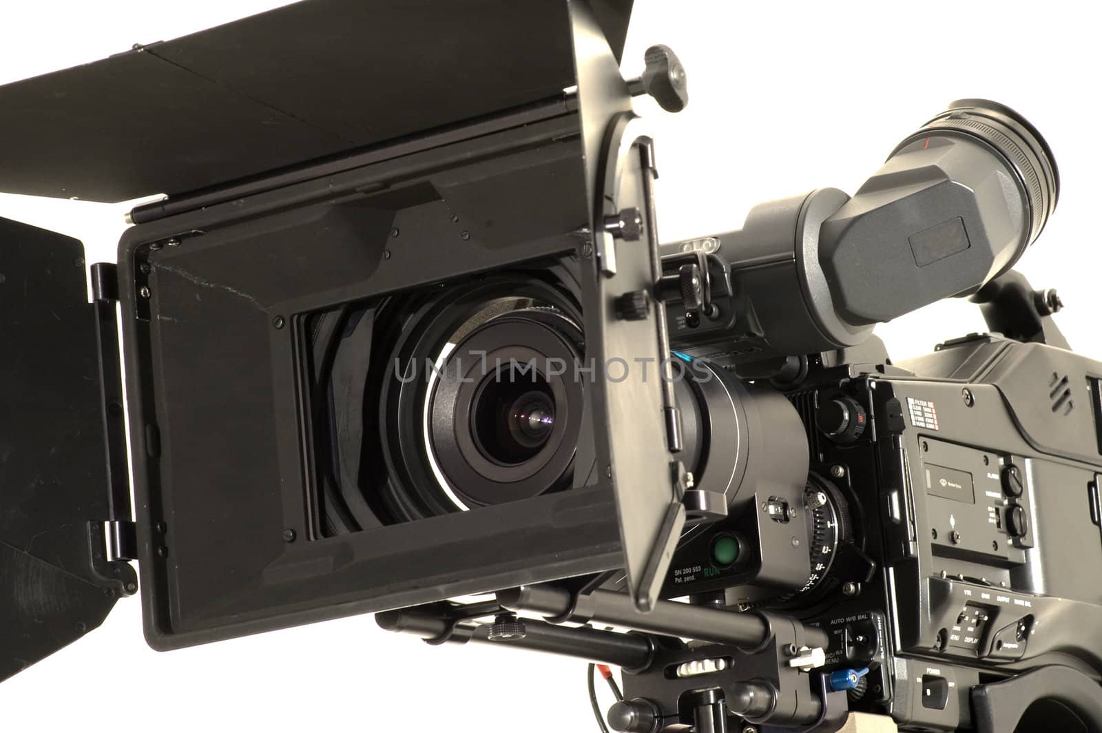 Professional digital video camera on a white background.
