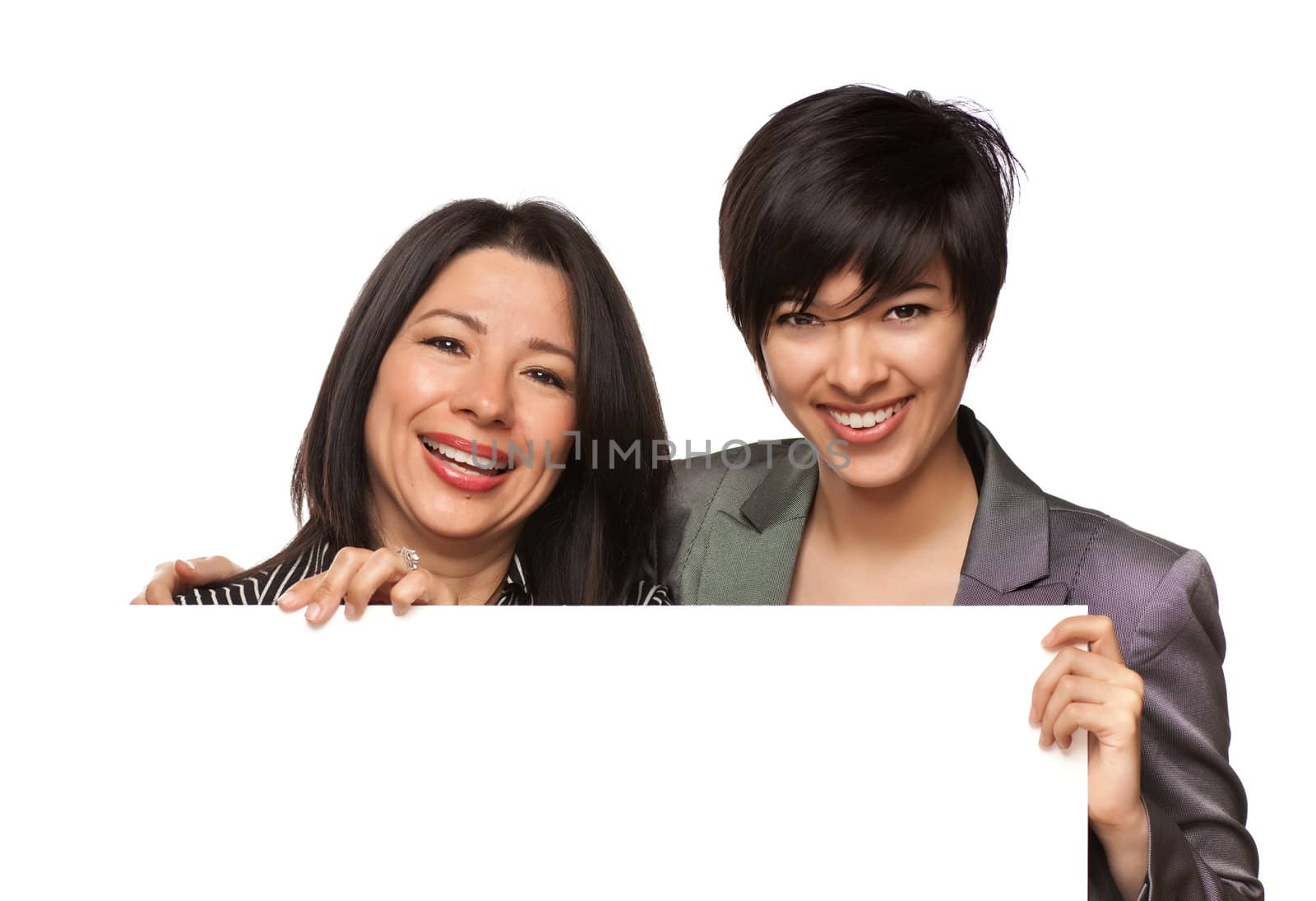 Attractive Multiethnic Mother and Daughter Holding Blank White Sign Isolated on a White Background.