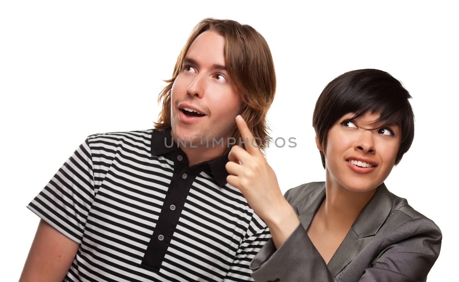 Diverse Caucasian Male and Multiethnic Female Pointing and Looking Up and Over Isolated on a White Background.