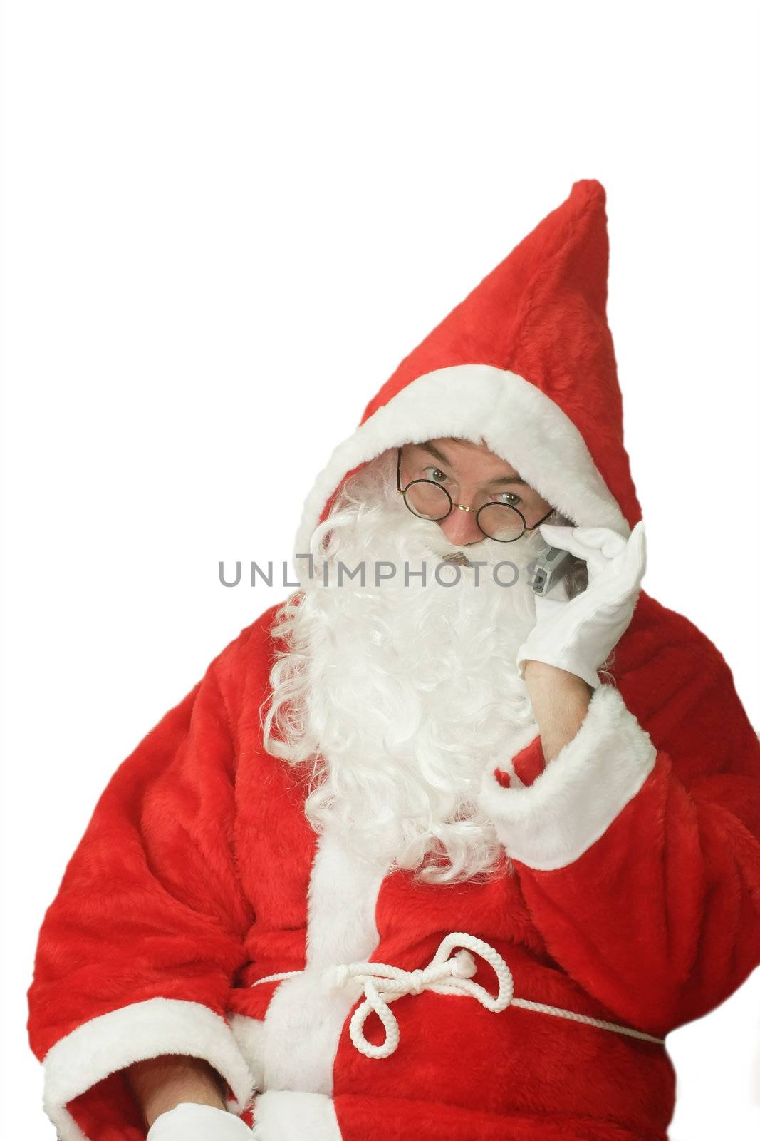 Male caucasian model of santa claus calling on a cellphone - isolated on white background