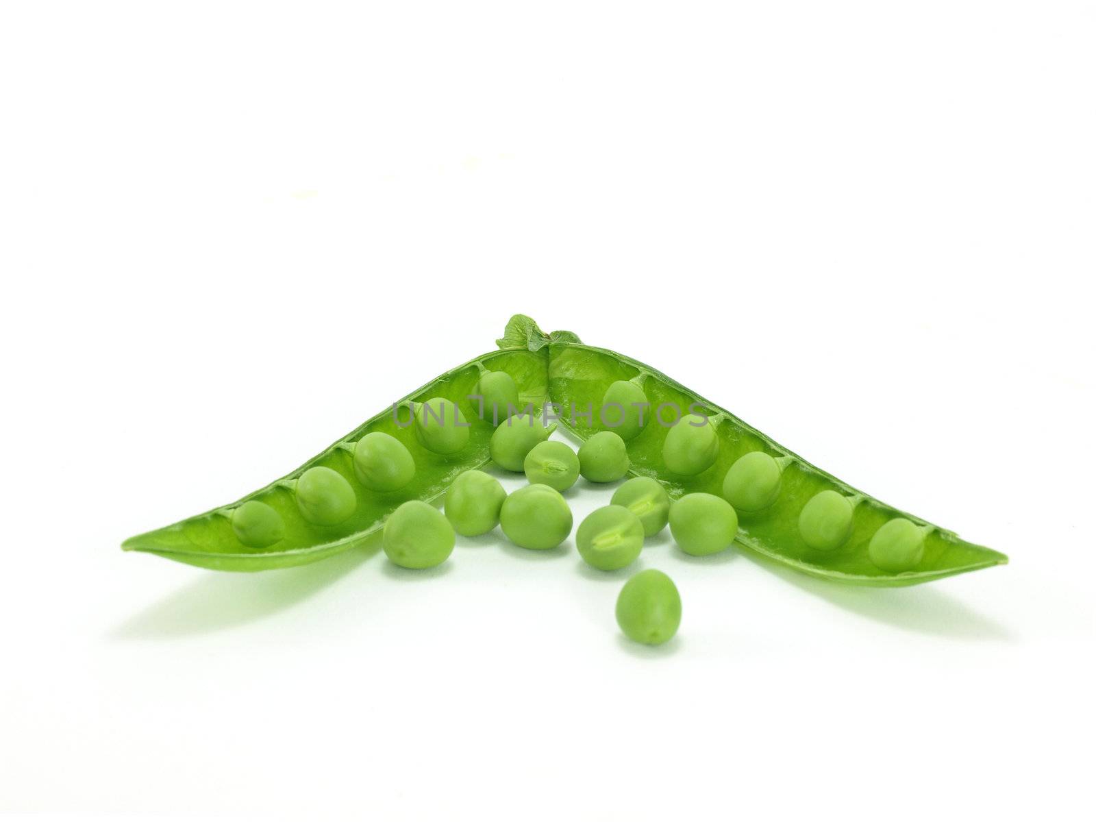 background of open green pea fruit in white background    