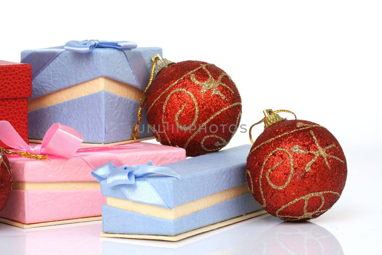 christmas balls and gif boxes isolated on white background