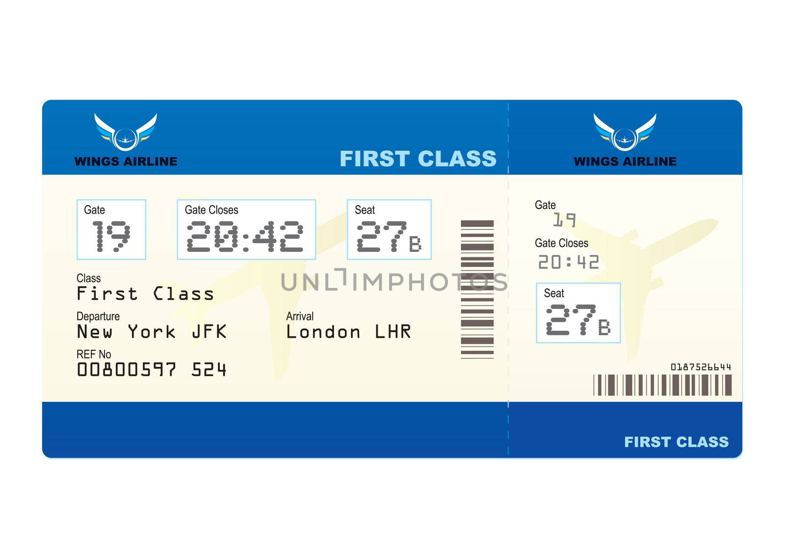 First class boarding pass or plane ticket with destination