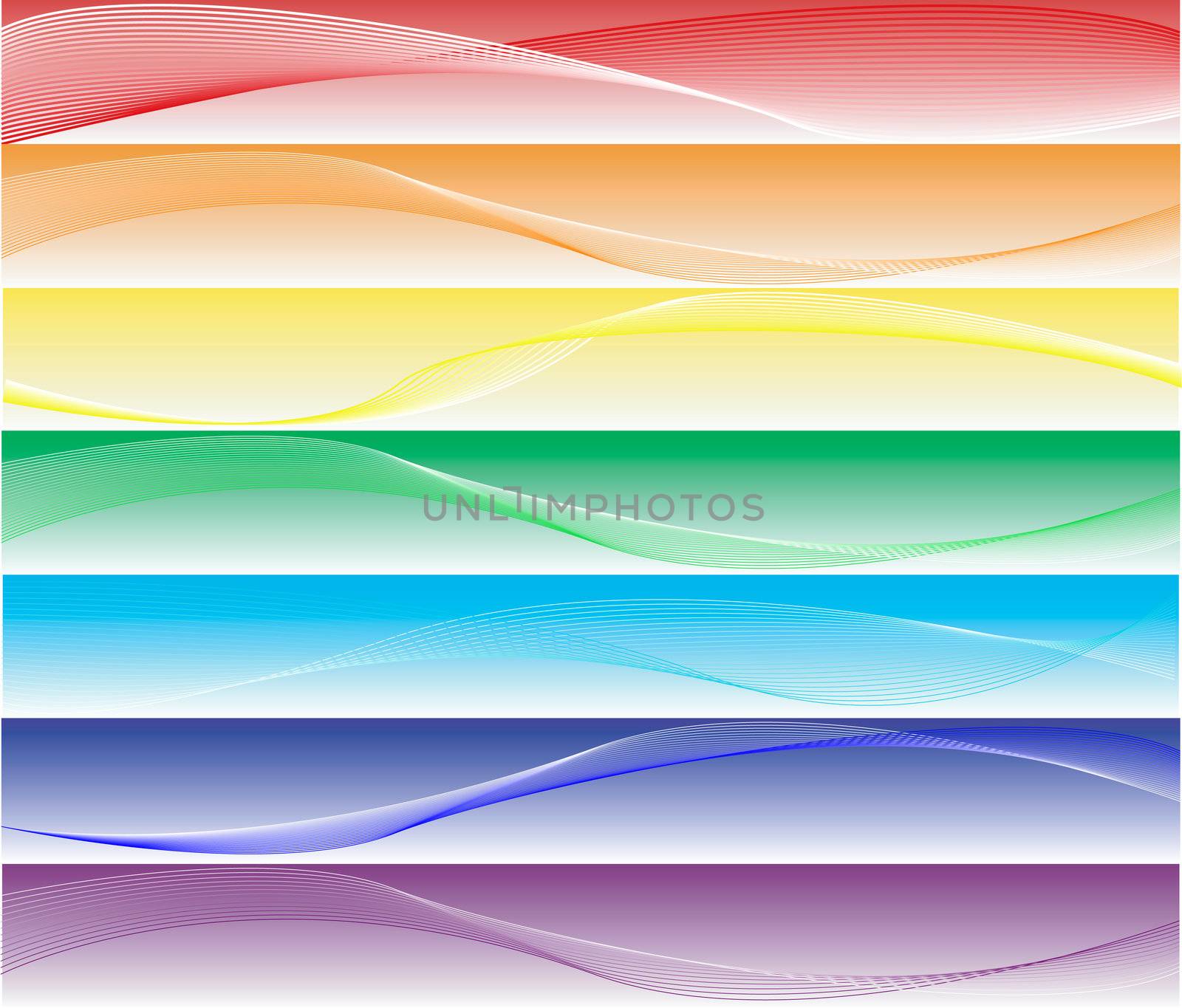 seven different elegant and smooth banners or web site headers in rainbow colors, also suitable as business cards