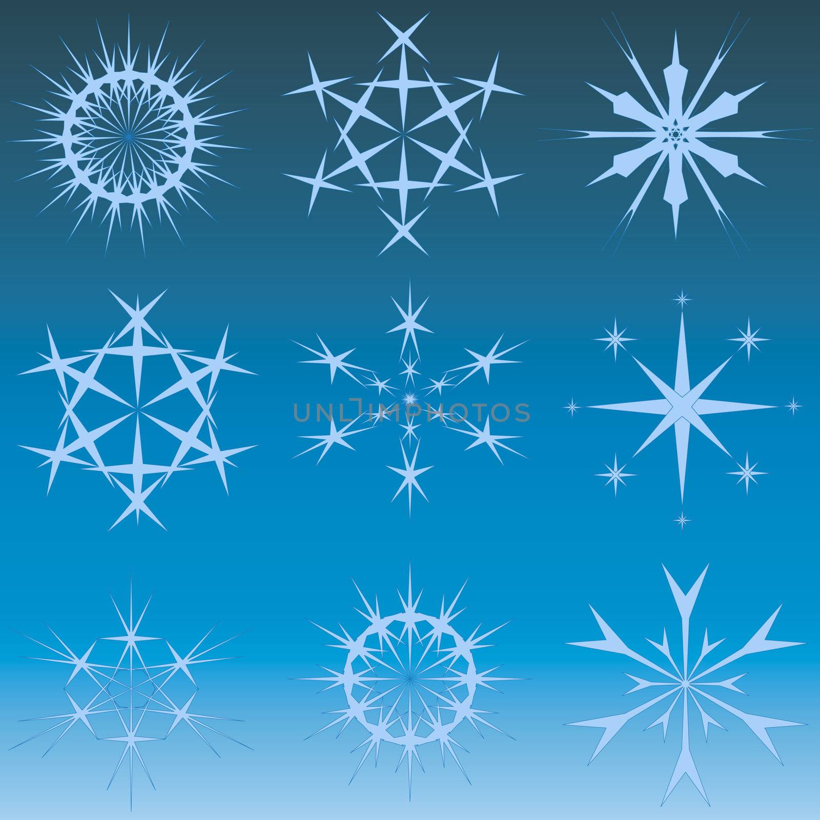 set of nine snowflakes and stars