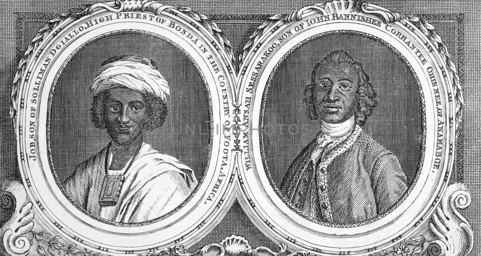 Job, Son of Solliman D Giallo, High Priest of Bonda in the Country of Foota, Africa and William Ansah Sessarakoo, Son of John Bannishee Corrantee, of Anamaboe. Engraving from 1750 published in Gent Magazine.