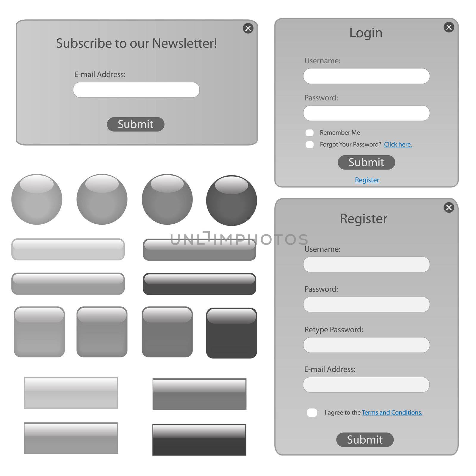 Silver web template with forms, bars and buttons.