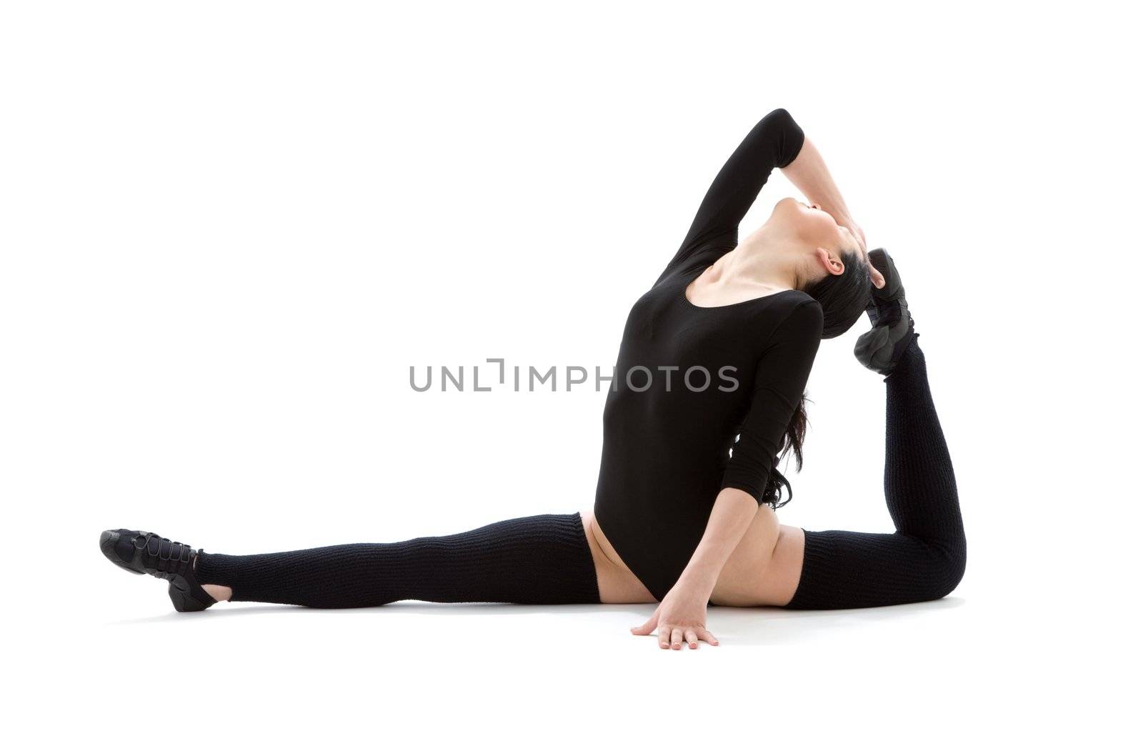 fitness instructor in black leotard over white