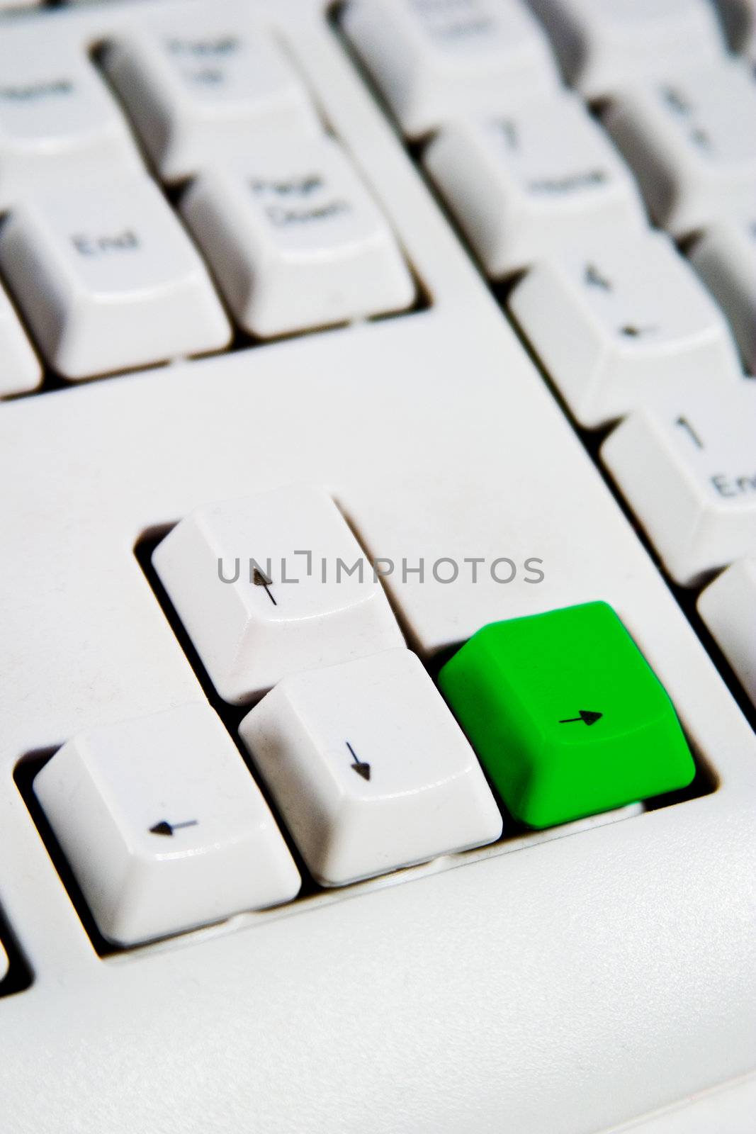 Arrow keys on a desktop computer keyboard with the Right arrow green