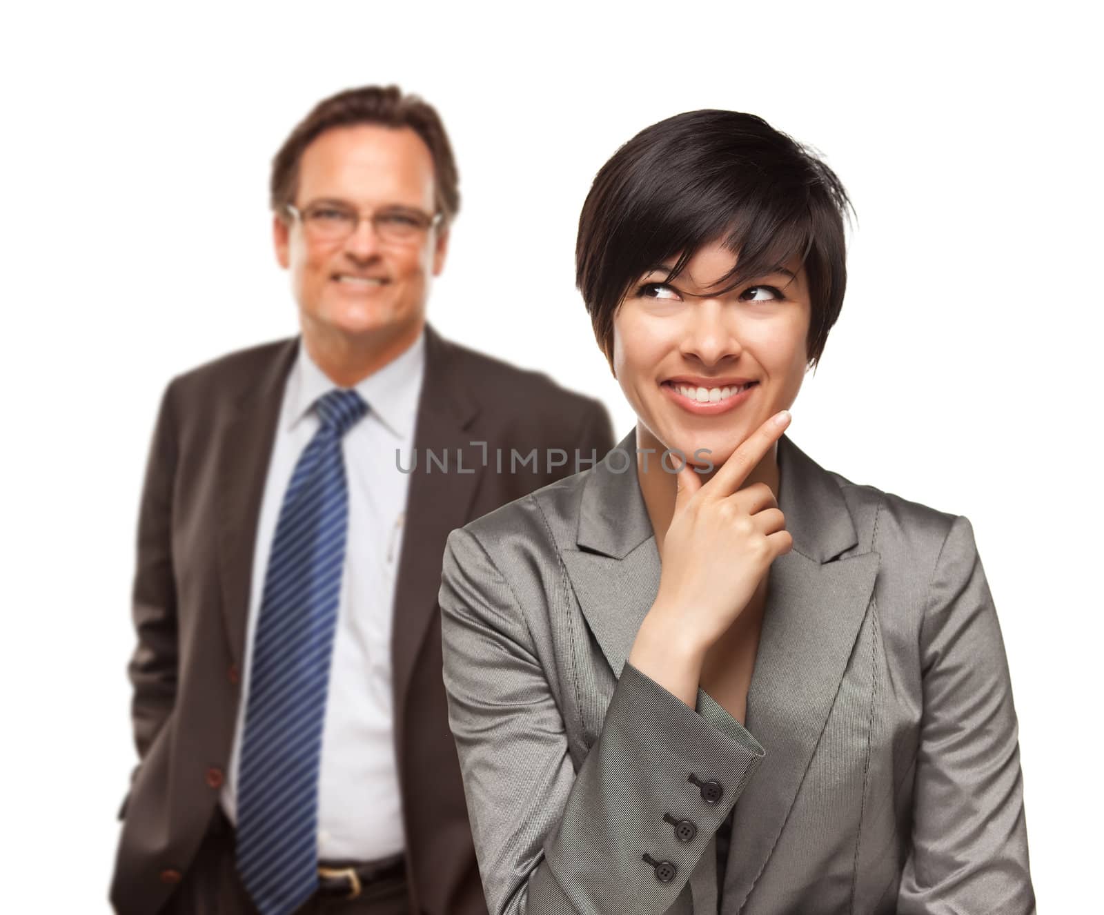 Attractive Businesswoman and Businessman on White by Feverpitched