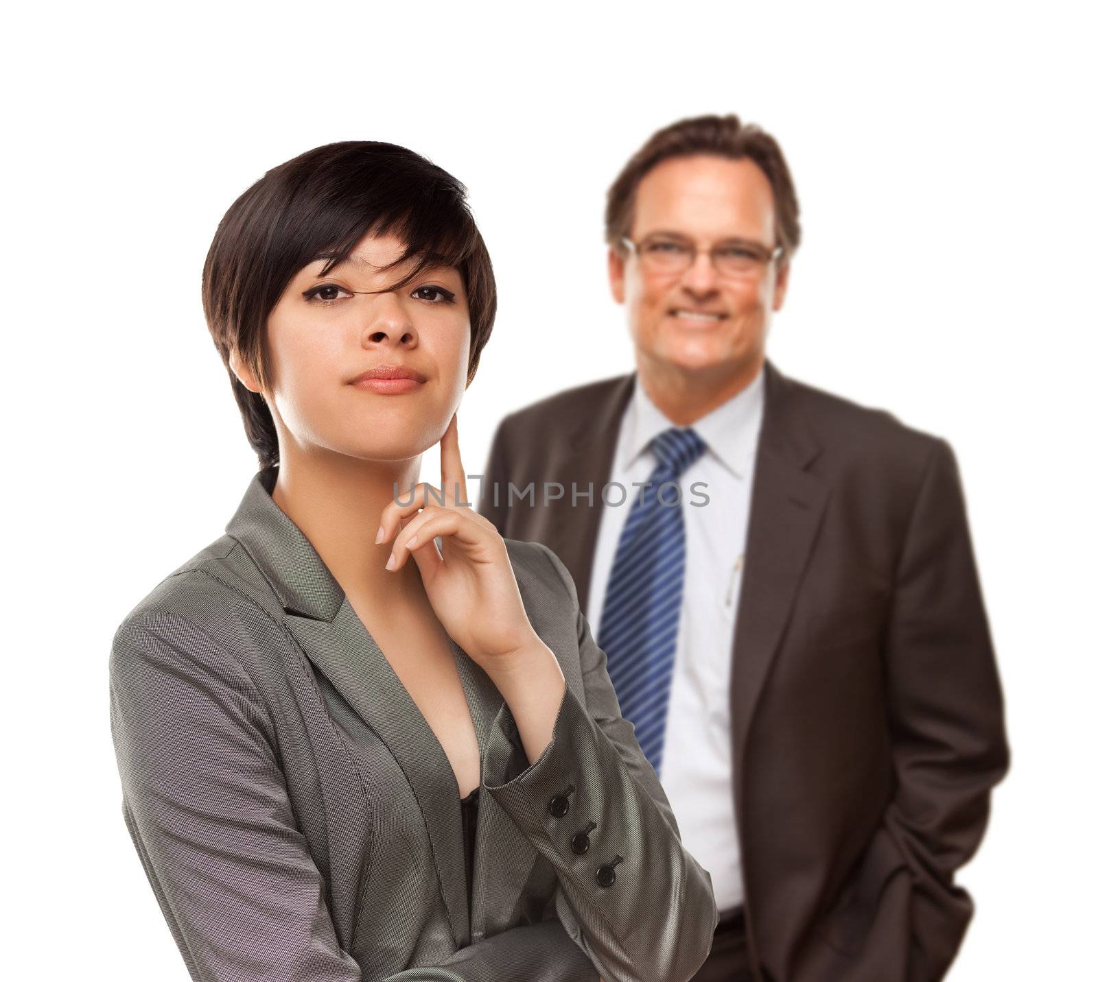 Attractive Businesswoman and Businessman on White by Feverpitched