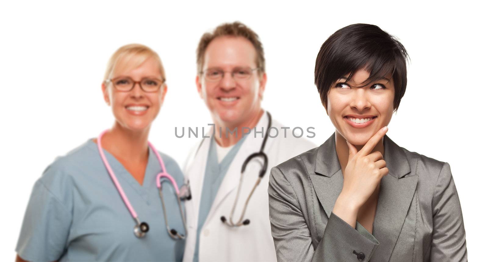Young Multiethnic Woman and Two Doctors Isolated on a White Background.