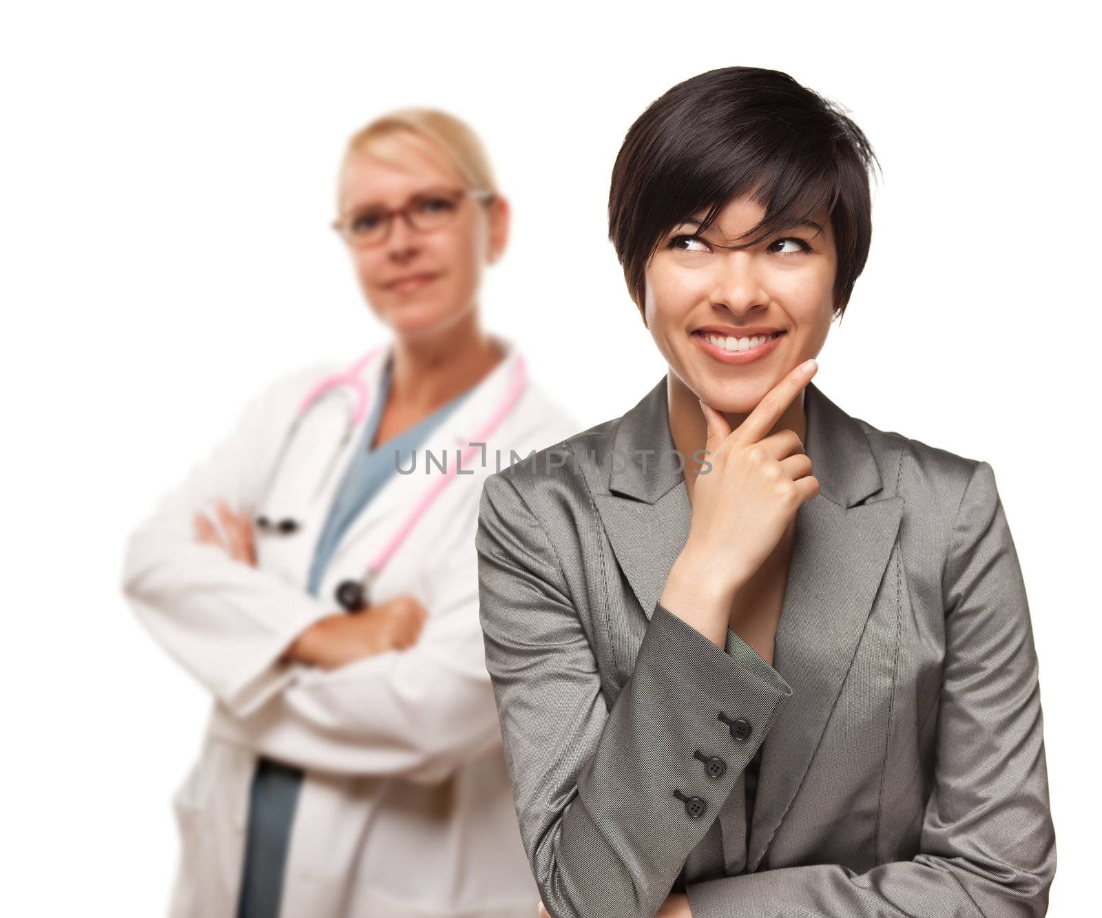 Young Multiethnic Woman and Female Doctor Isolated on a White Background.
