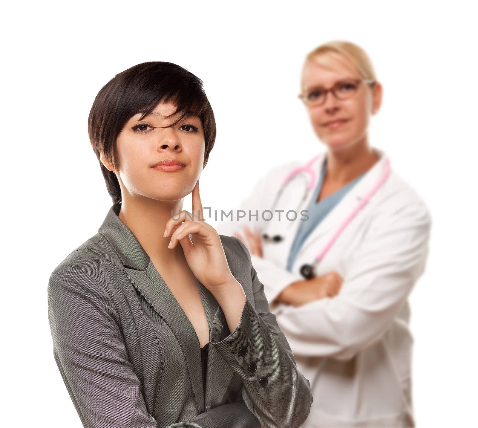 Young Multiethnic Woman and Female Doctor Isolated on a White Background.