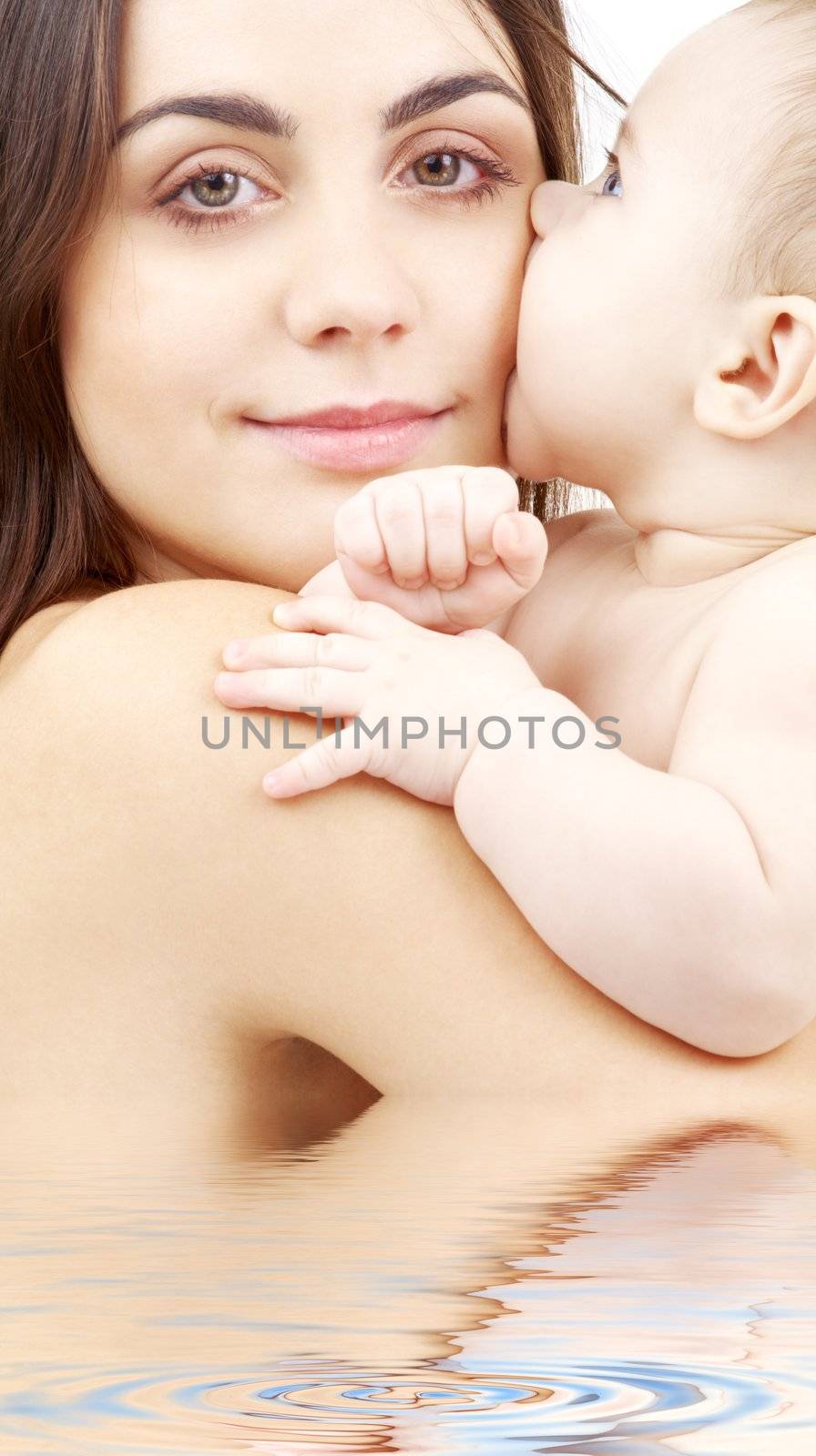 closeup portrait of happy mother with baby in water