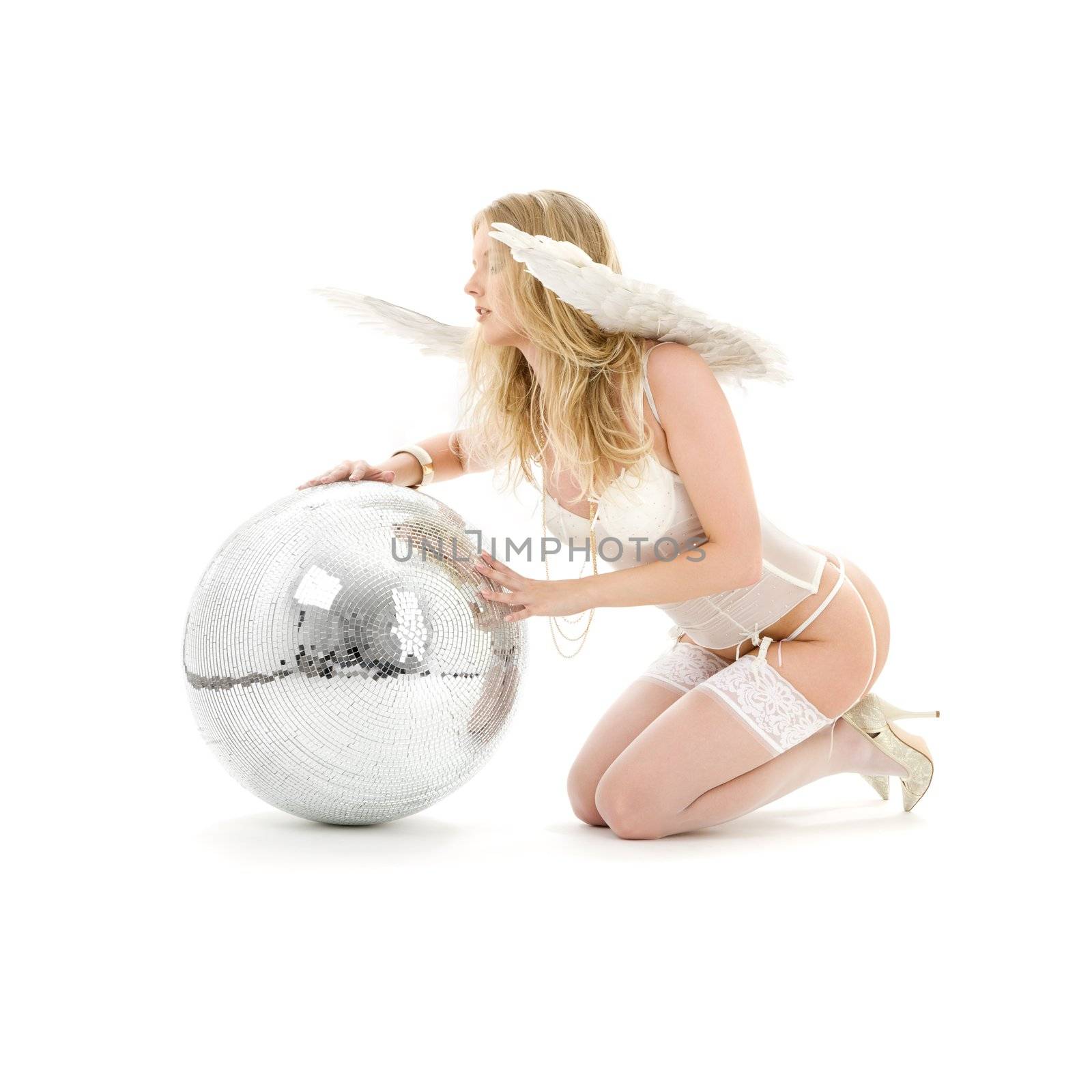 lingerie angel girl with disco ball over white