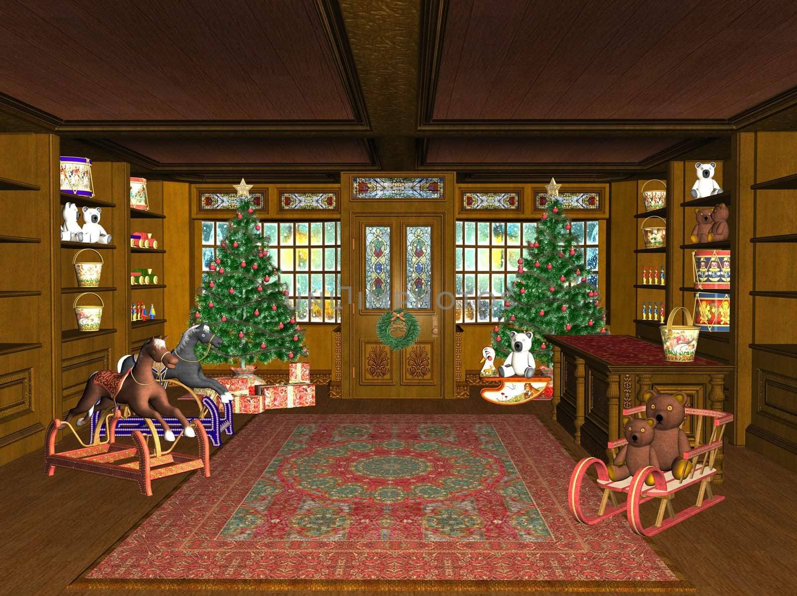 rendered Christmas Shop with toys and gifts