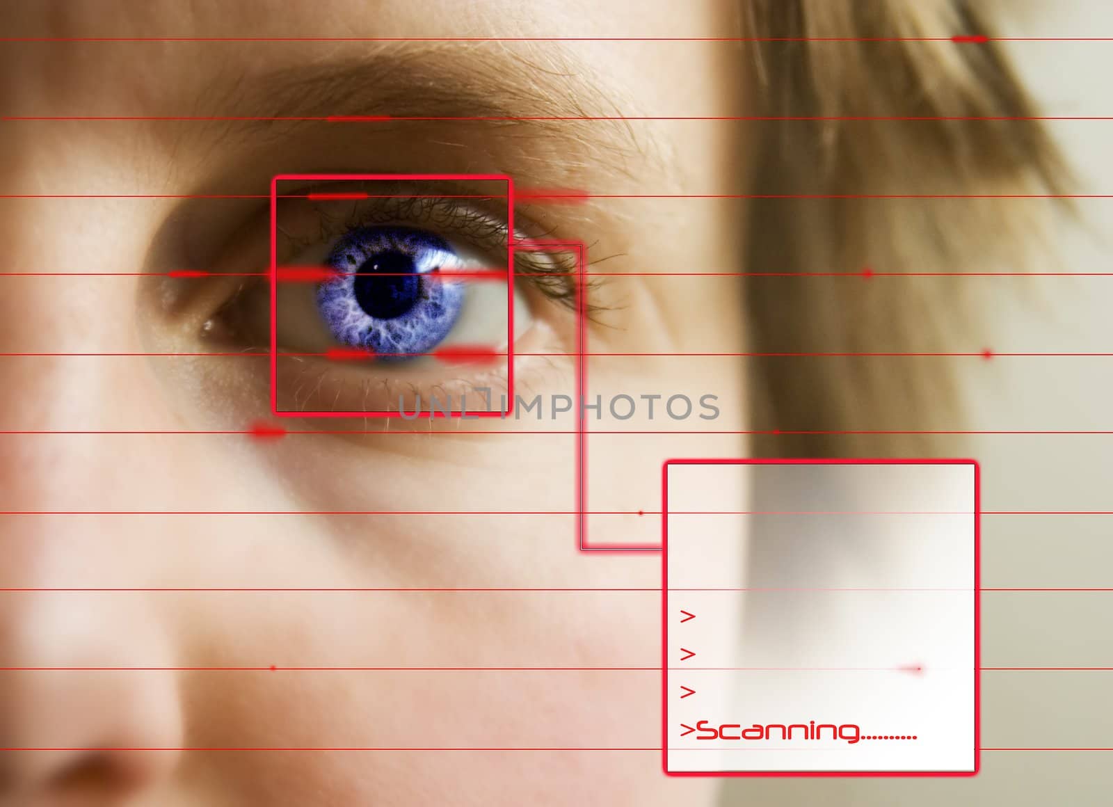 Red lines scanning the face and retina of a woman with the word 'Scanning...' in a text box
