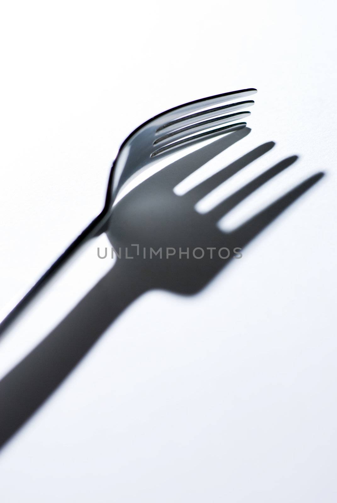 Fork and his expressive shadow on white background.