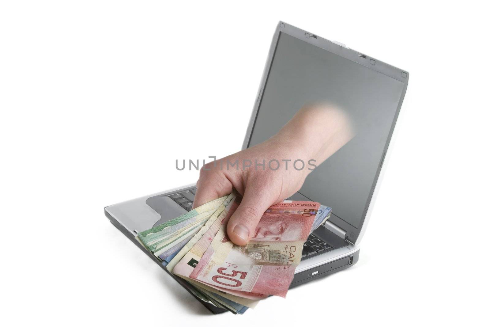 A hand coming out of a computer screen with Canadian cash.