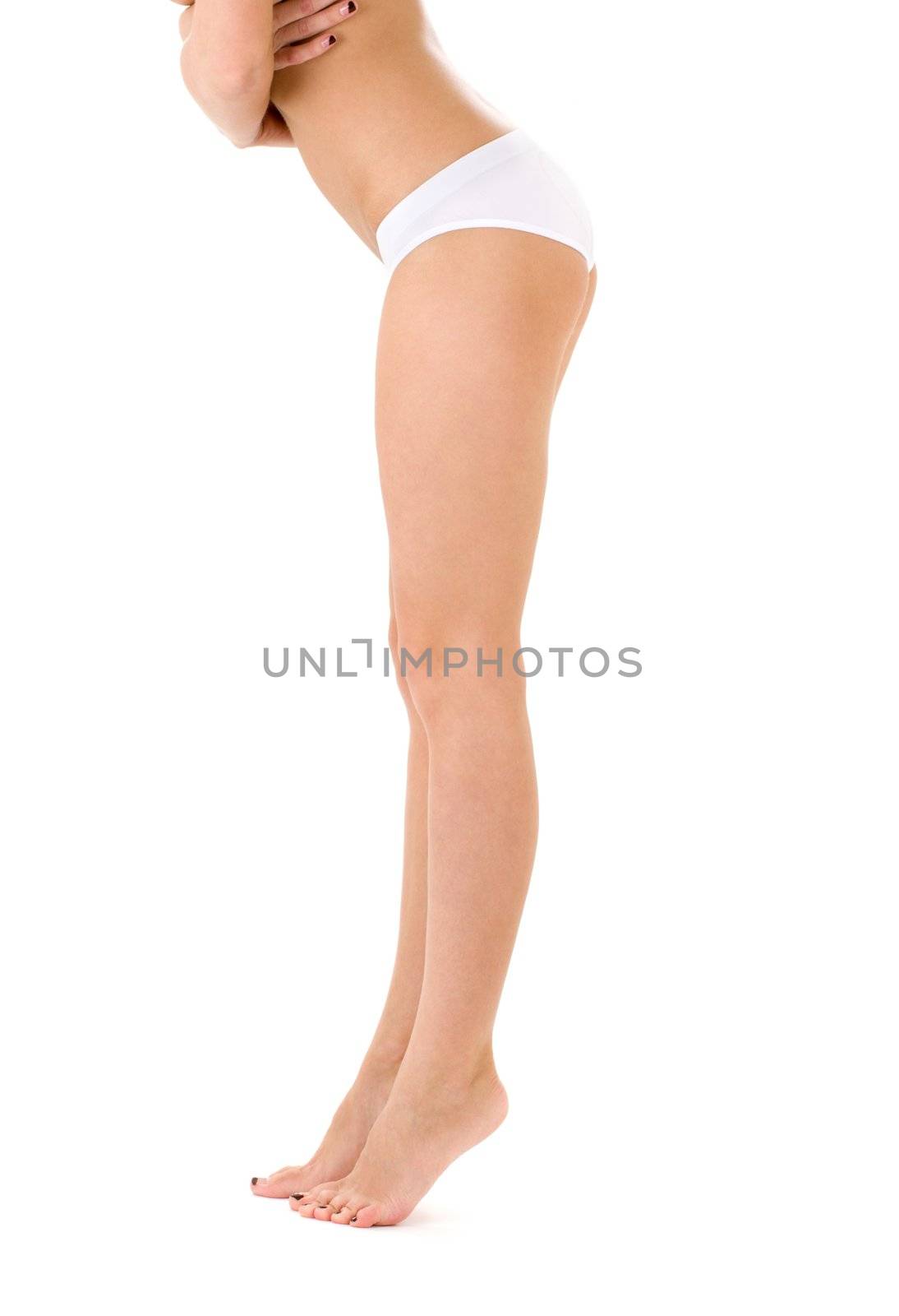 classical picture of long legs in white bikini panties
