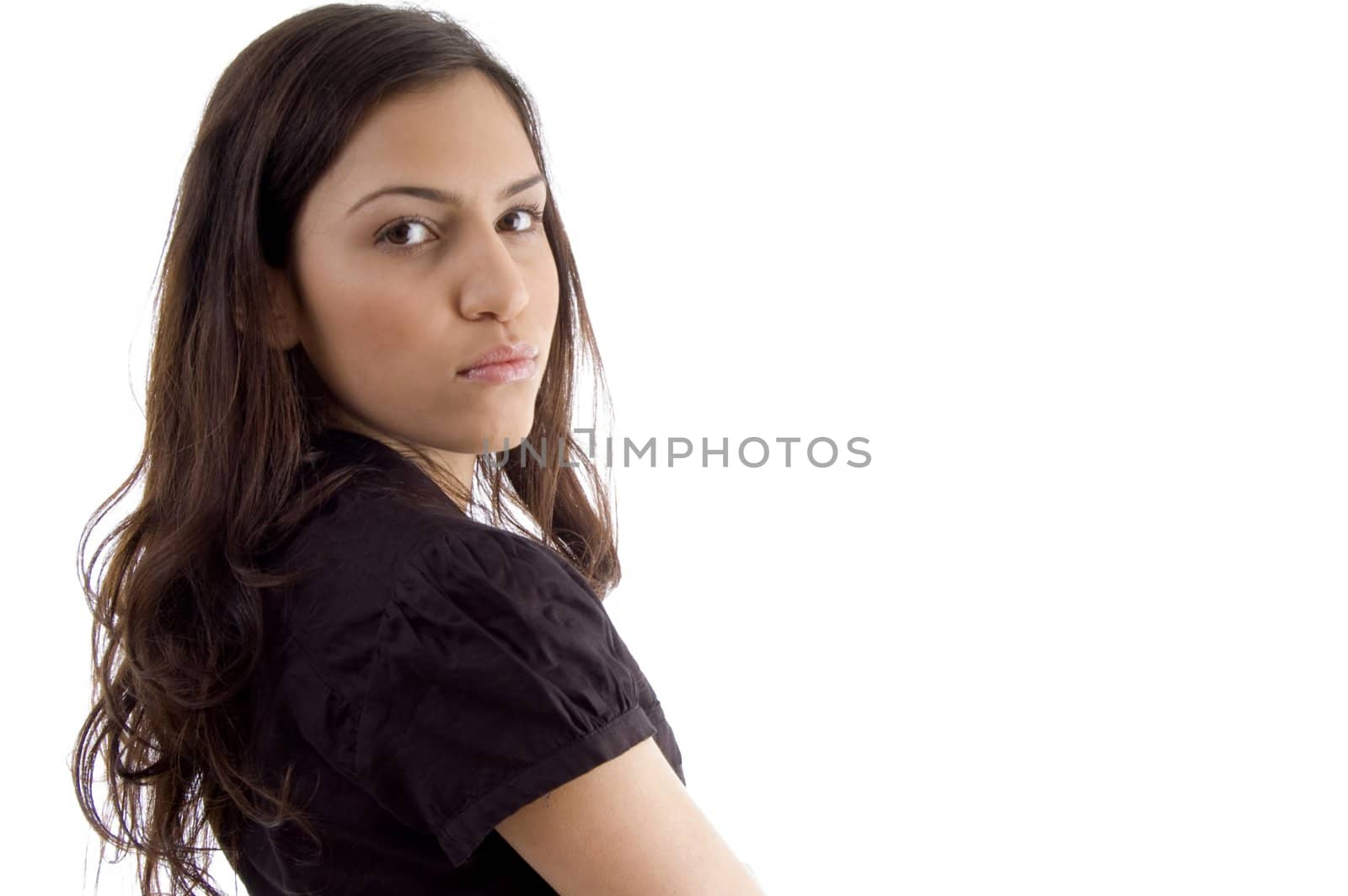 side view of young woman on an isolated white background