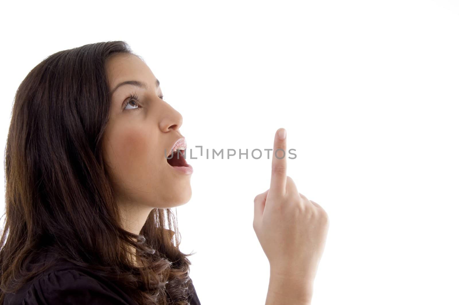 young woman pointing up with white background