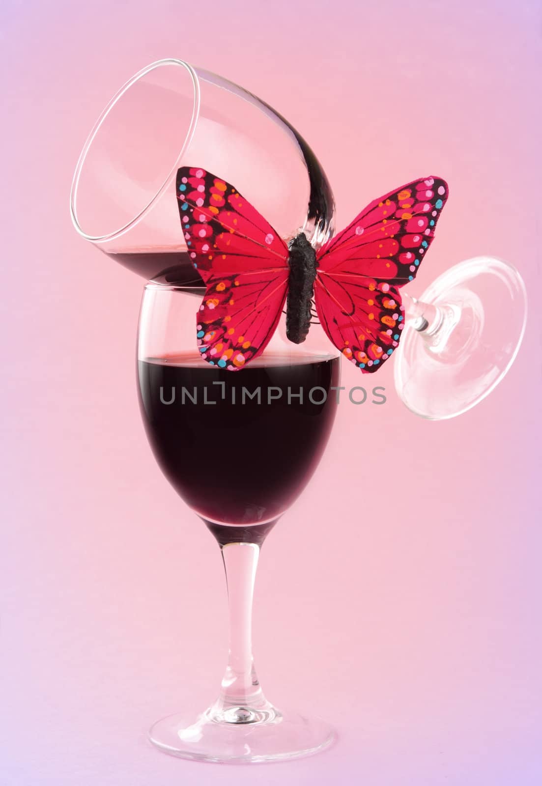 red wine and fake butterflies by lanalanglois
