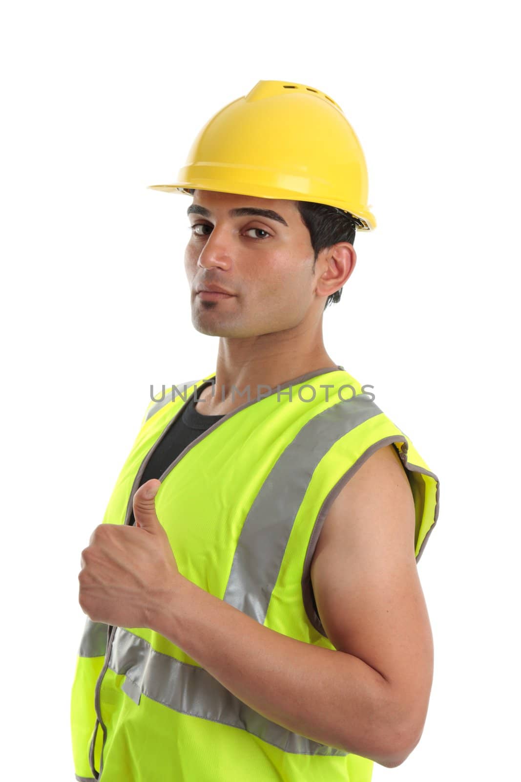 a builder, tradesman, repairman or other labourer giving the thumbs up hand sign.  White background.