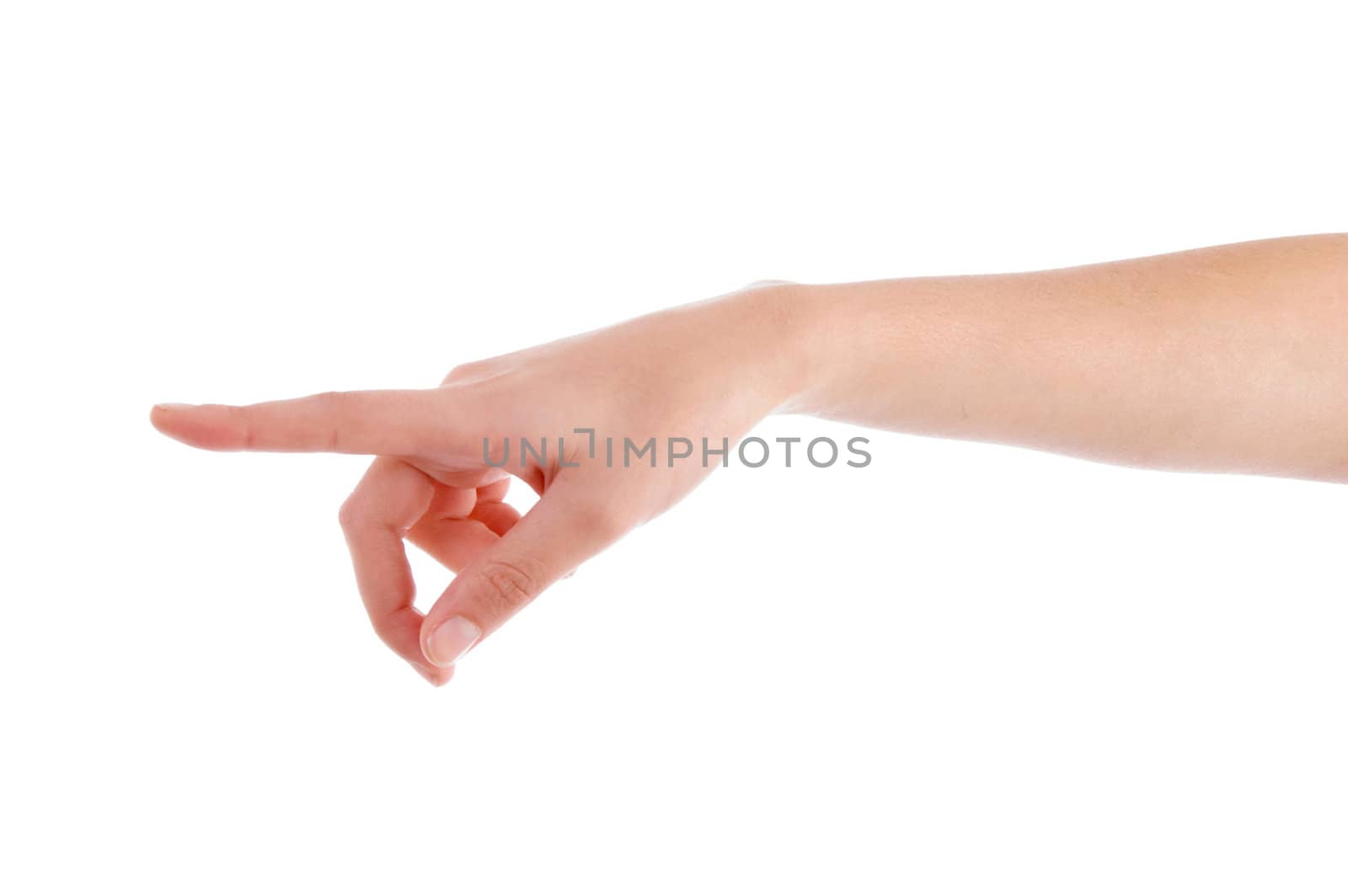 pointing hand of female on an isolated background