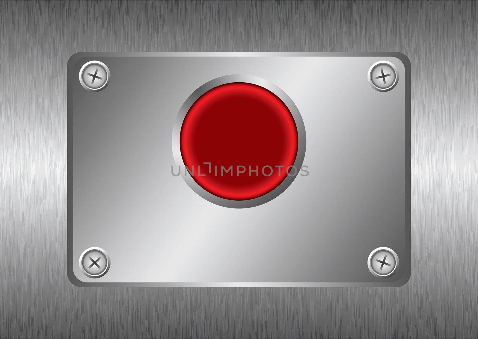 Abstract brushed metal background with red button and silver screws