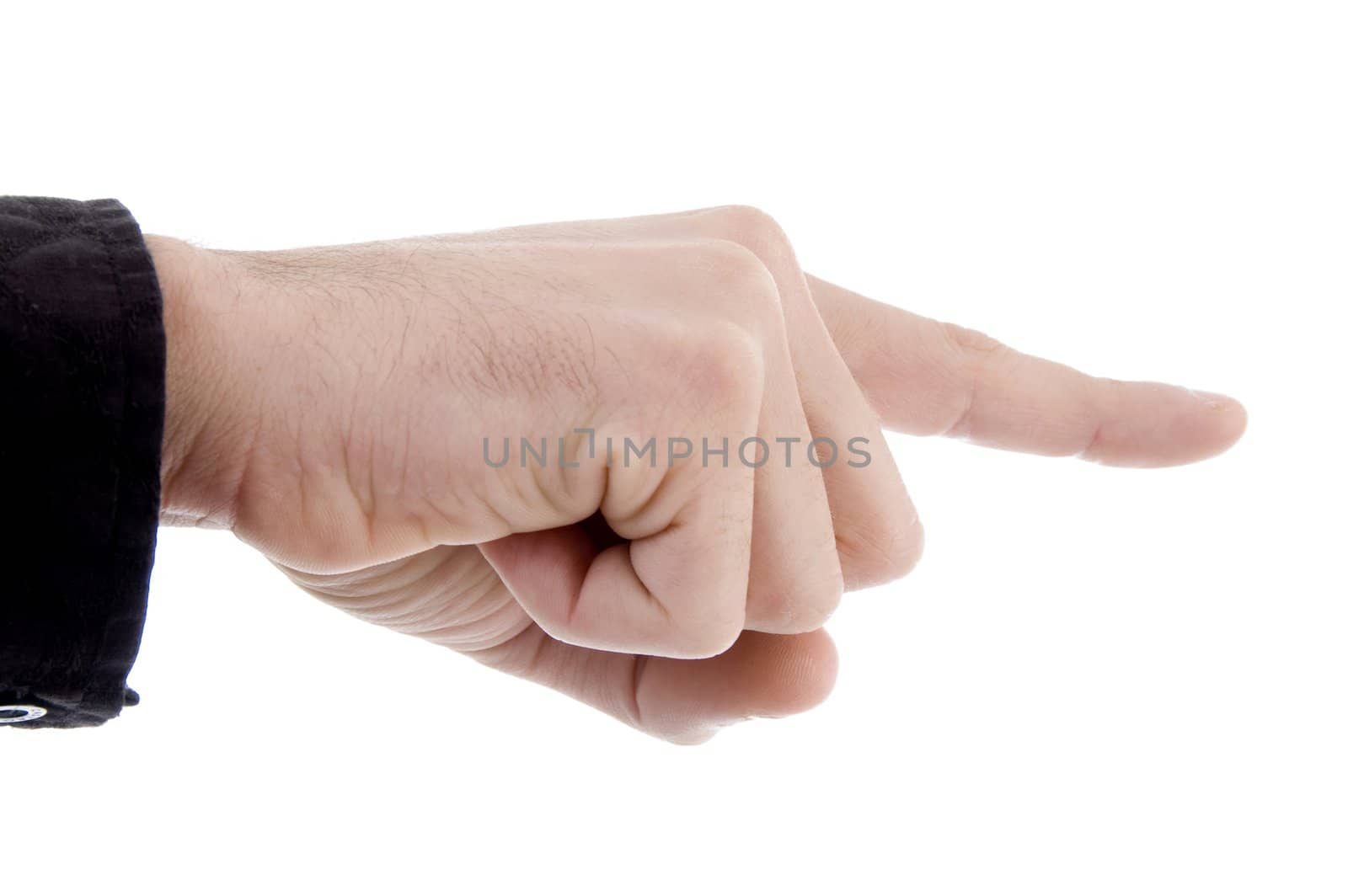 pointing hand of man on an isolated white background