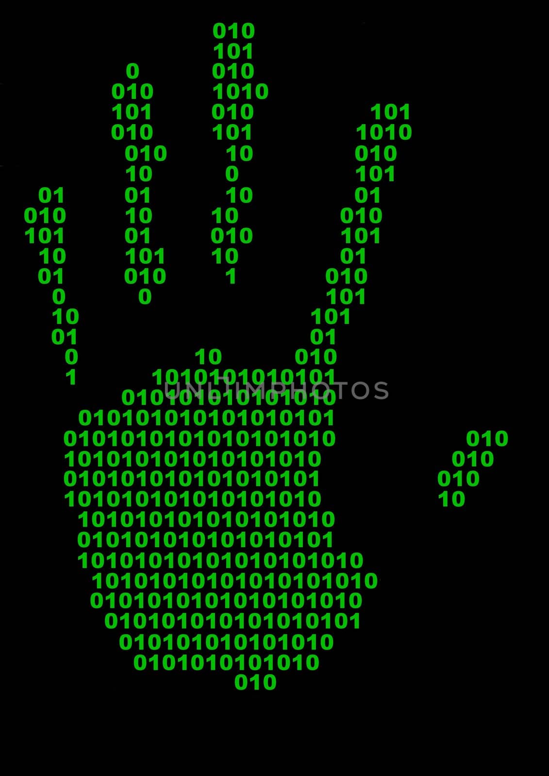 Illustrated hand print made of binary numbers 