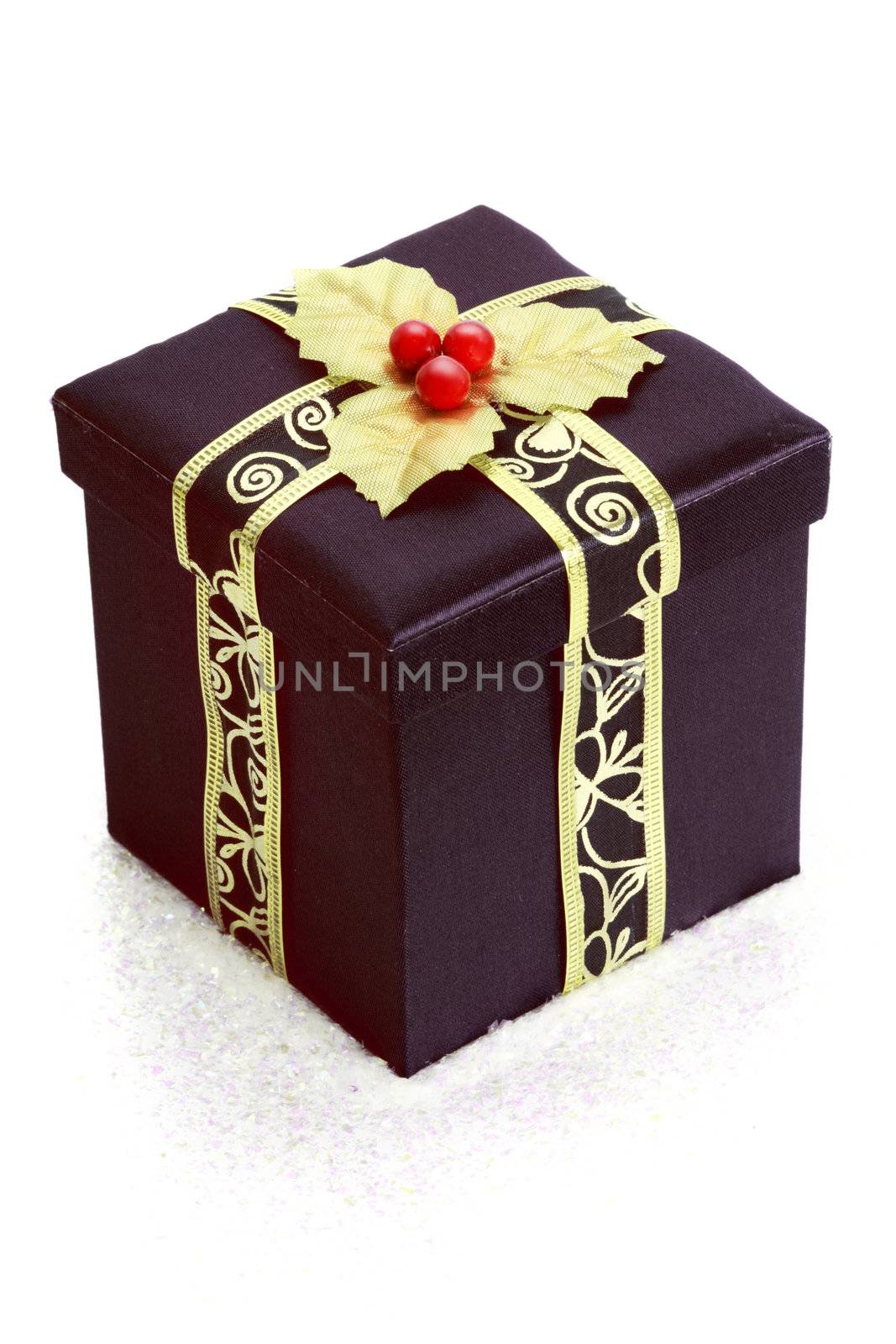 black and gold christmas gift box, white background