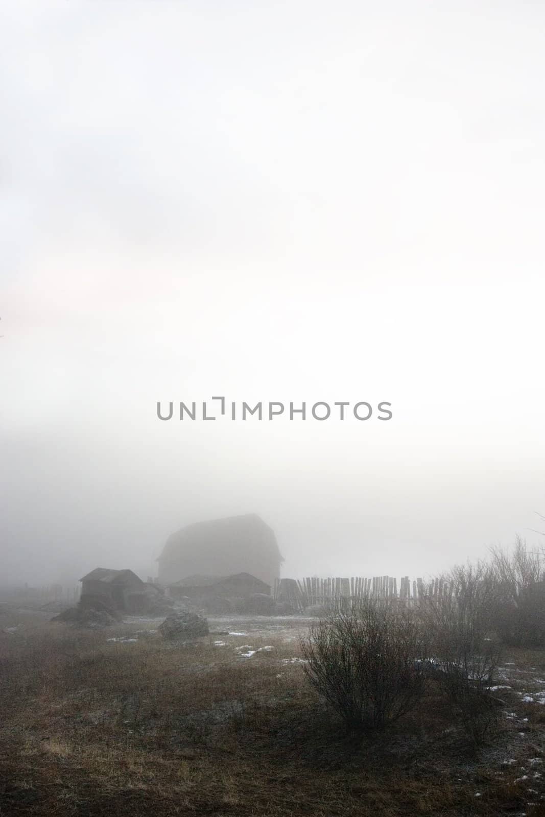 Abandoned farmyard engulfed in fog.